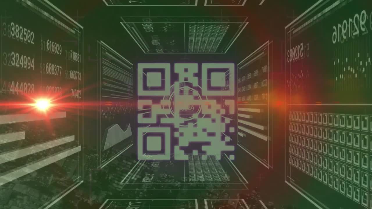Animation of light trails with qr code over cityscape