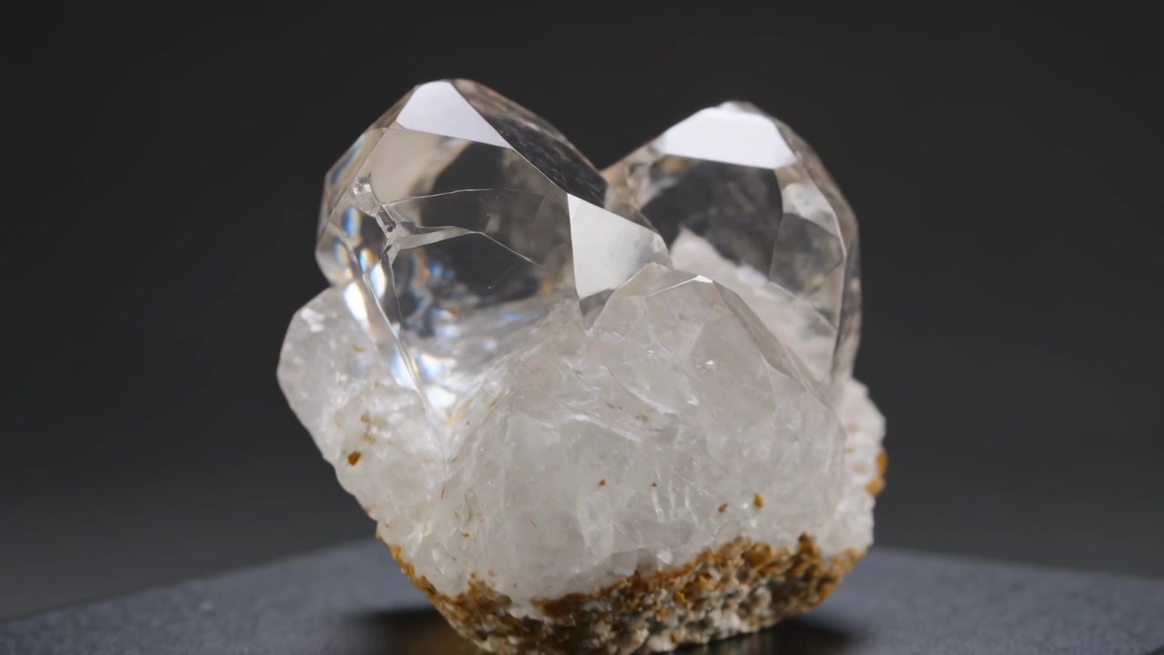 Recul de la caméra, montrant des pointes de quartz sur une plateforme de table, révélant une base drusique pour le catalogue