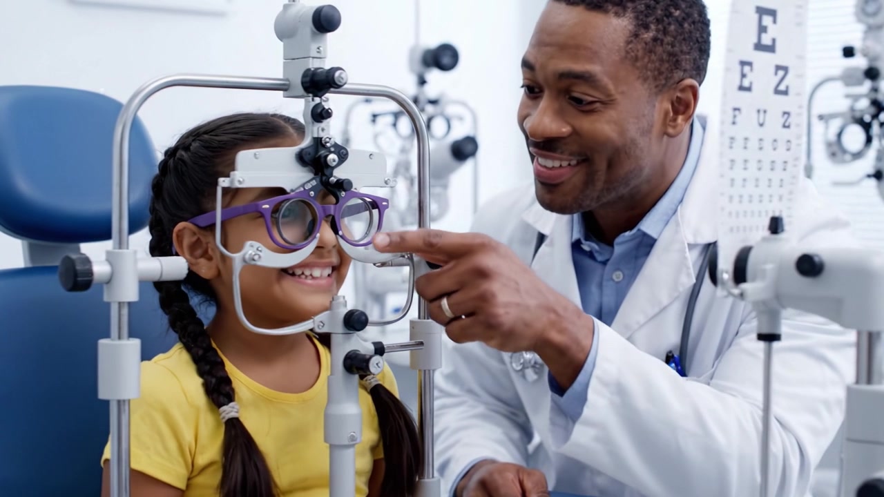 A Young Girl Enjoys Her Eye Exam with a Friendly Optometrist, Engaging with Interactive Equipment, Highlighting the Importance of Vision Care and Pediatric Optometry