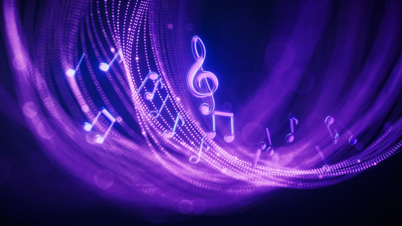 Music notes and glowing neon lines, 3d rendering