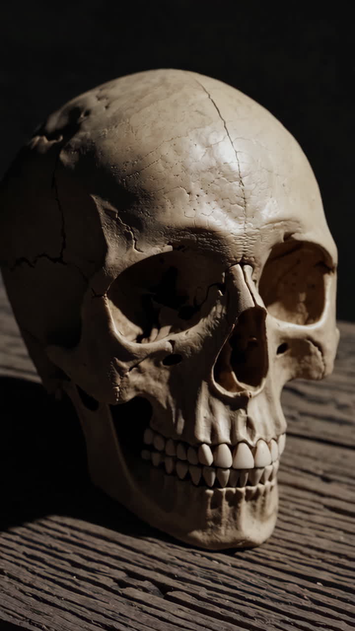 Human Skull on Wooden Table