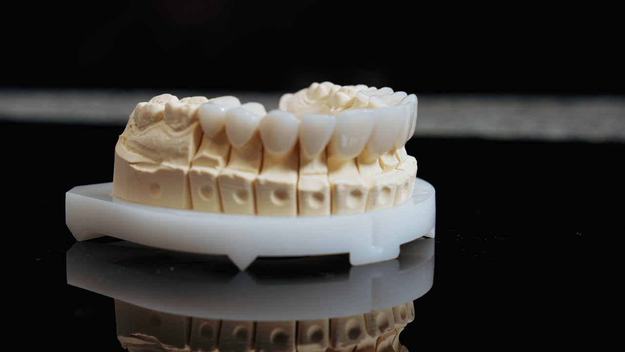 Close-up of porcelain dental veneers displayed on a stand in a professional studio setting. Ideal for dental, cosmetic, and medical visuals with clean, detailed presentation
