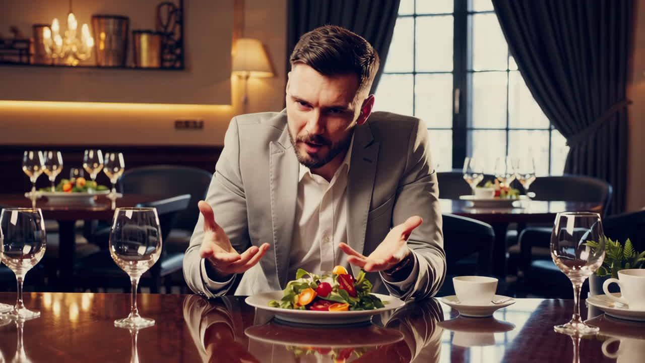 Man's Disappointed Reaction to Salad in Restaurant