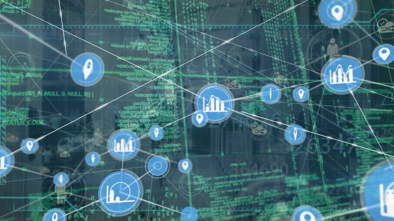 animación de la red de conexiones con iconos sobre la sala de servidores y el procesamiento de datos