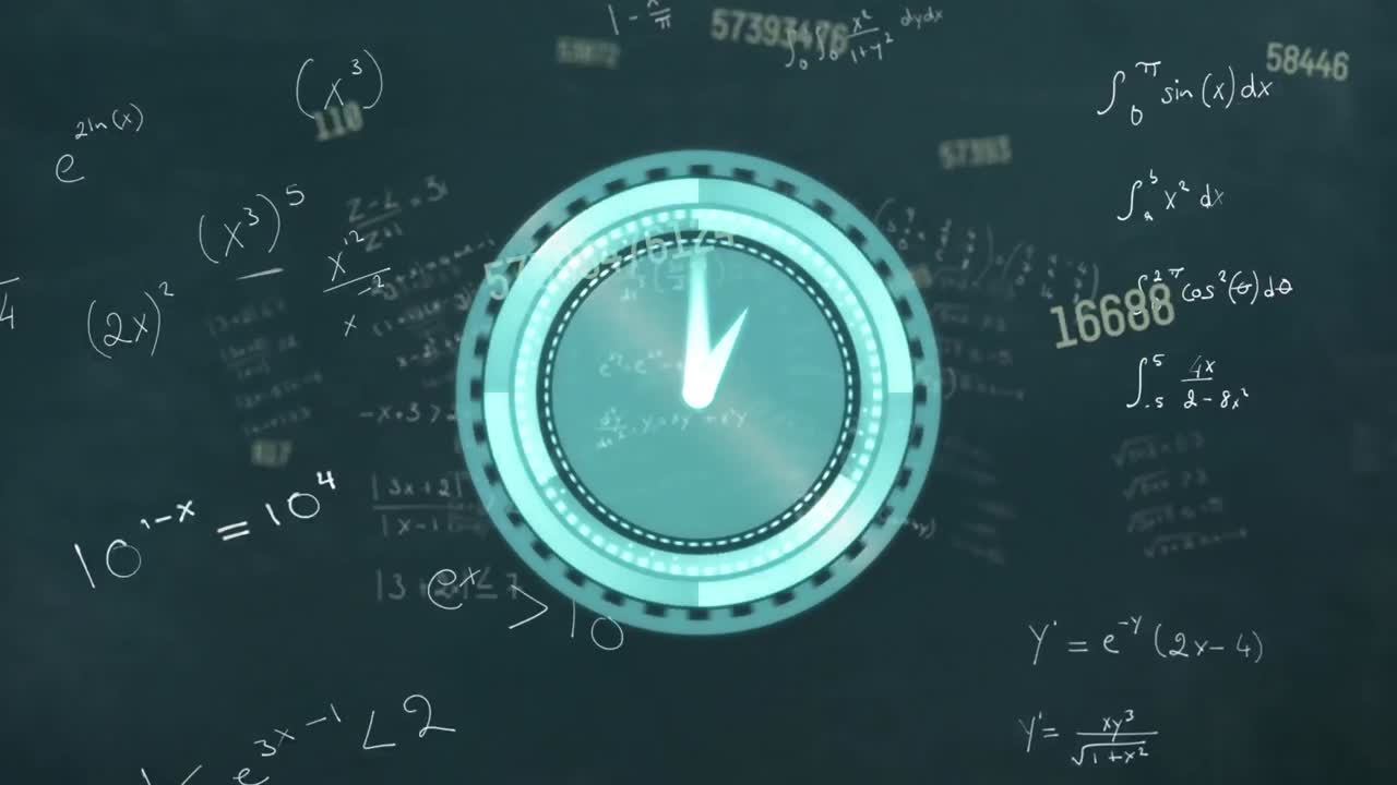 Animation of clock moving and mathematical equations on black background