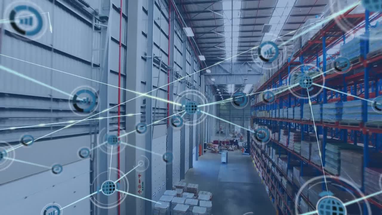 animación de una red de iconos digitales frente a una vista aérea del almacén