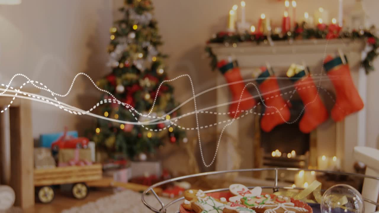 Music starting, waveform moving, camera zooming, cookie plate focusing, highlighting festive mood