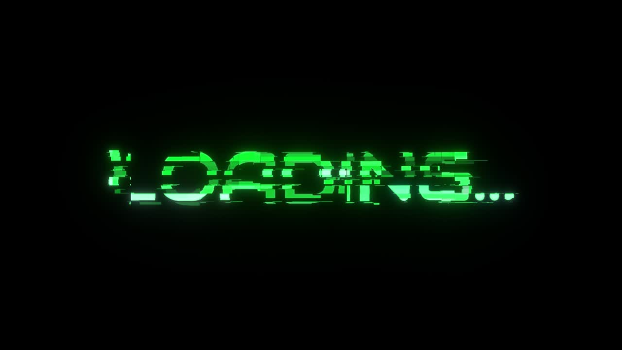 Loading inscription on a black background. Green color. Digital font. 3d animation of a seamless loop