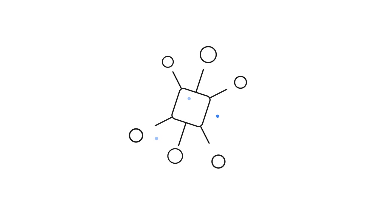 Diagrama de Rede Animado Conectando Nós a um Quadrado Central