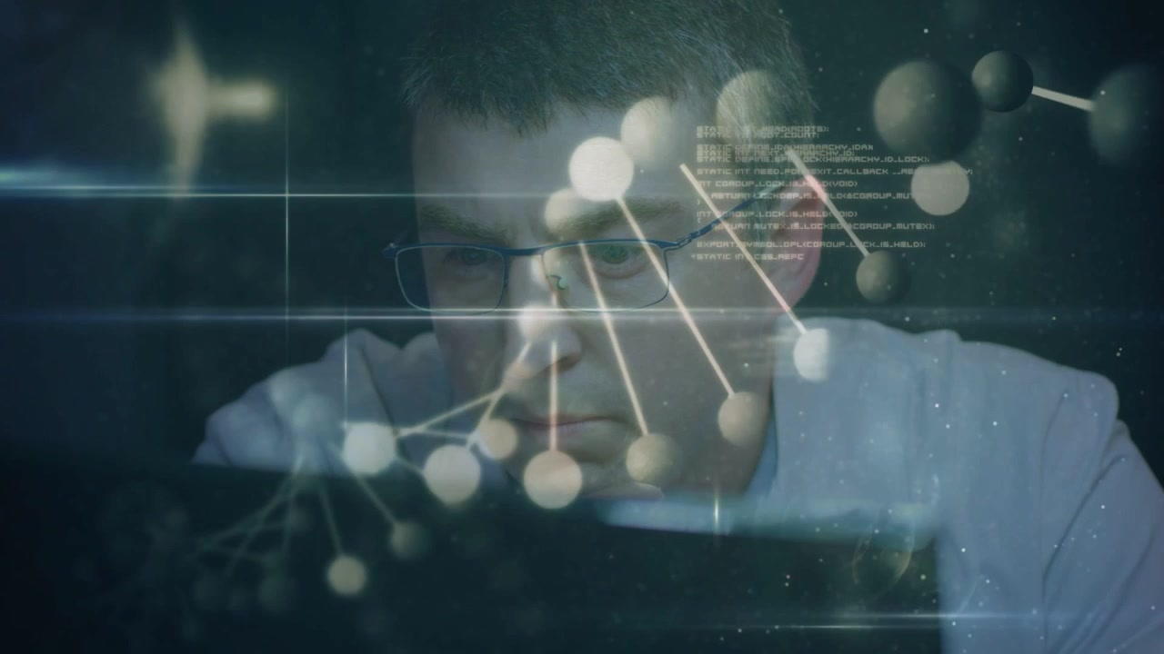 Analyst leaning into screen as HUD nodes moving across face and glasses, analyzing data