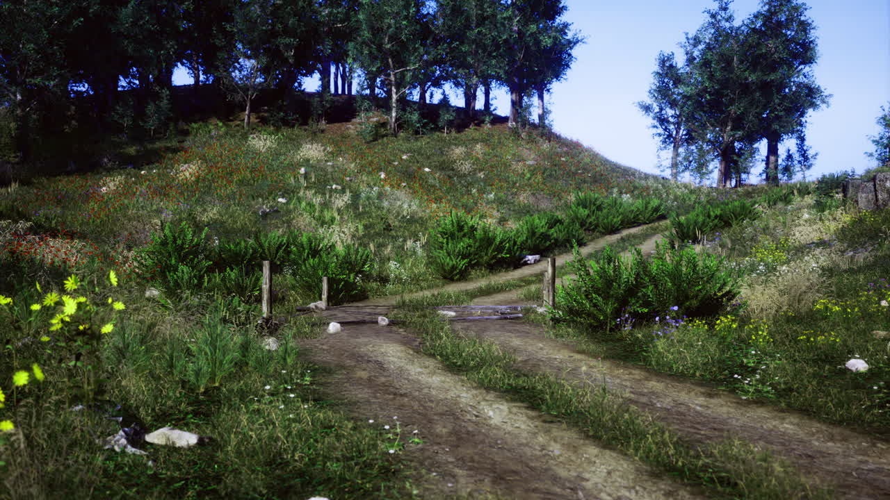 Path through a serene landscape with lush greenery and gentle hills