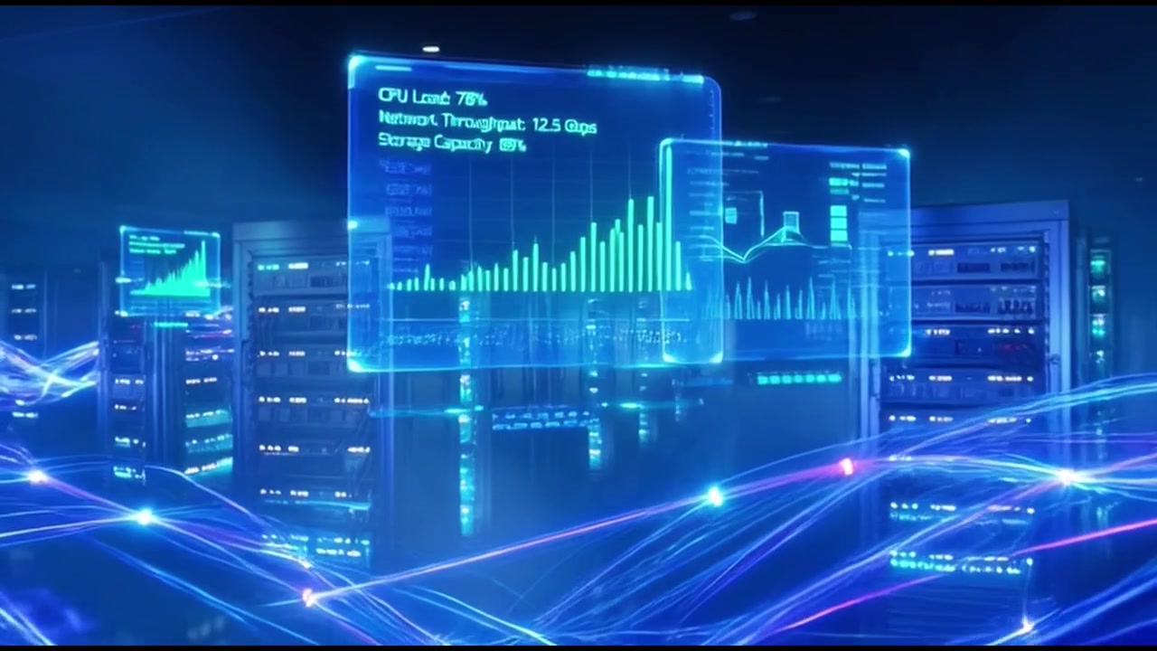 Data Center Server Room with Digital Network Visualization