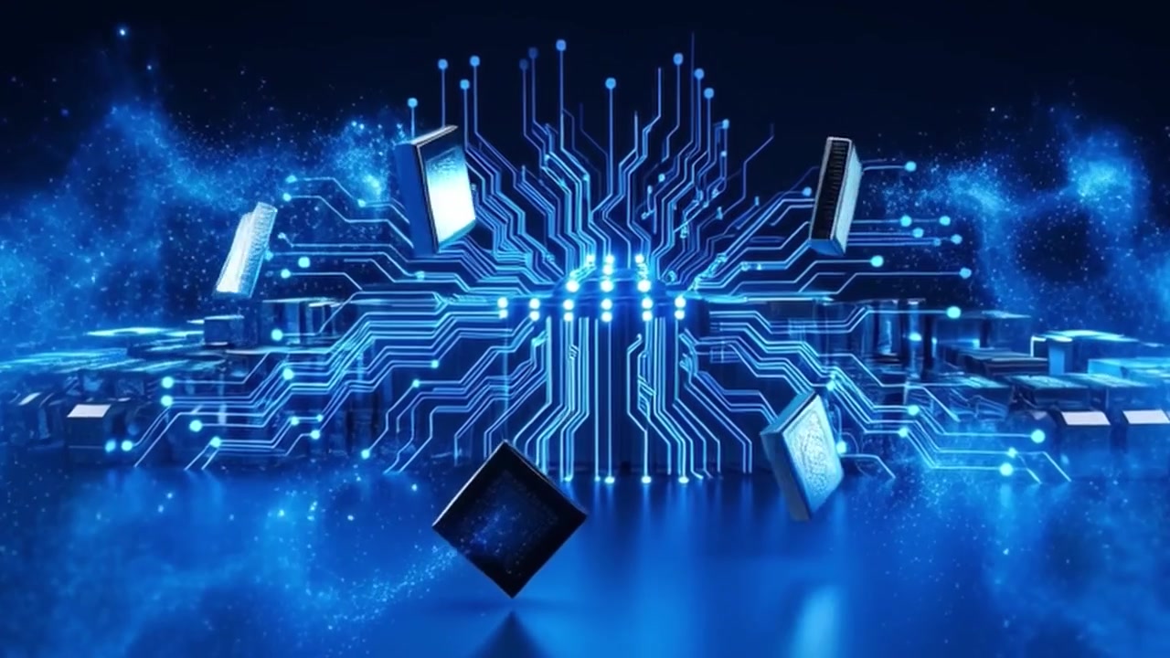 Floating Computer Microchips Over Glowing Digital Circuit Board