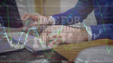 Animation-of-time-for-something-text-and-financial-data-processing-over-businessman-using-computer