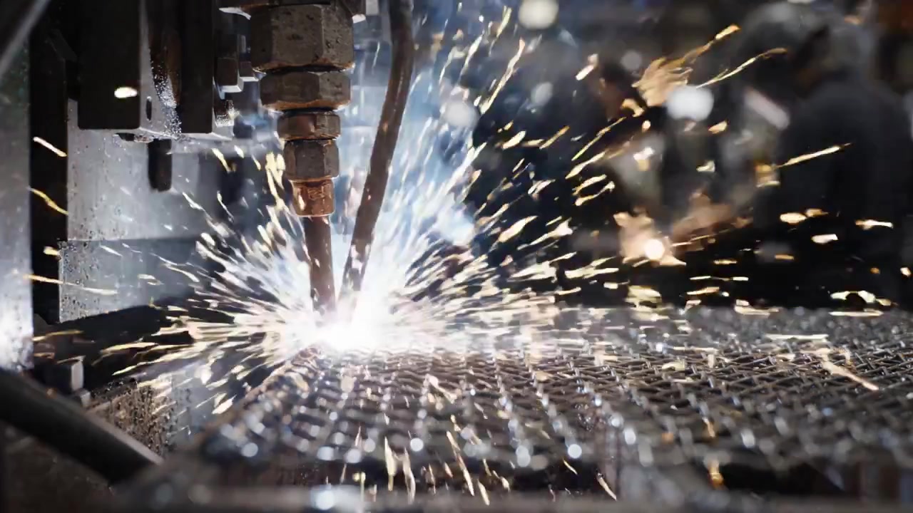 Endüstriyel bir ortamda, işçilerin üretim faaliyetleri ve makine operasyonları yaptığı, kıvılcımlar ve alevler içeren metal işleme süreci.