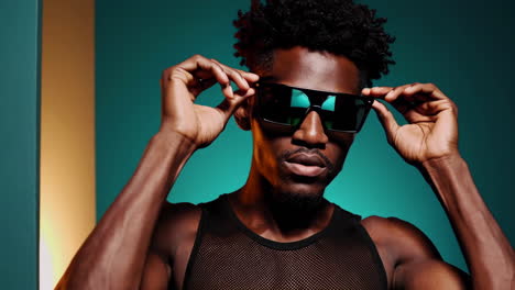 stylish black man adjusting sunglasses in studio