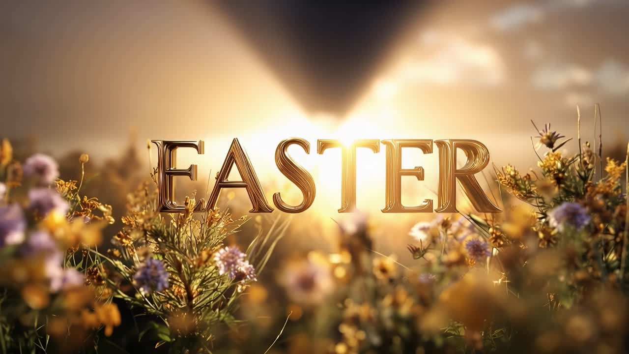 Lettere dorate brillano sopra un prato illuminato dal sole. Fiori viola ondeggiano dolcemente nella brezza. La luce del sole avvolge la scena in tonalità calde e invitanti. La Pasqua simboleggia il rinnovamento e la speranza nella natura.