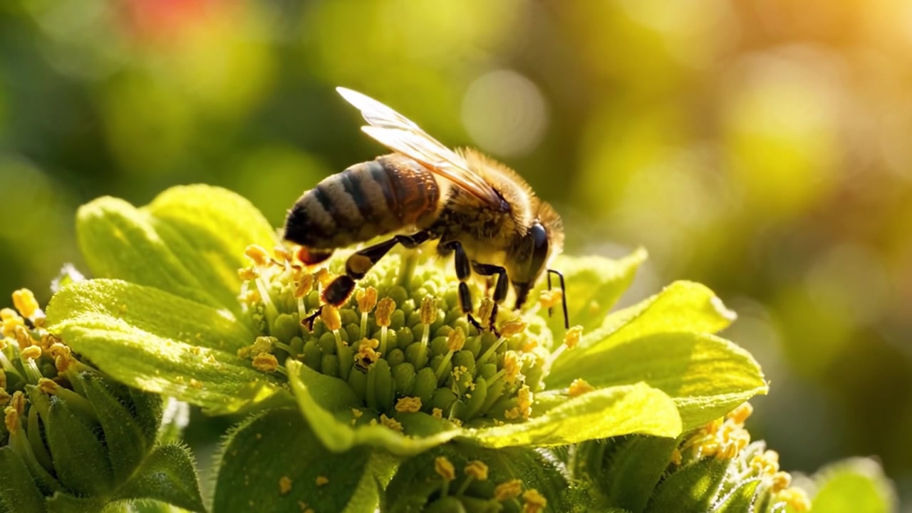 A Bumblebee Collecting Nectar from Vibrant Green Flowers, Showcasing the Intricate Beauty of Nature and the Essential Role of Pollinators in the Ecosystem