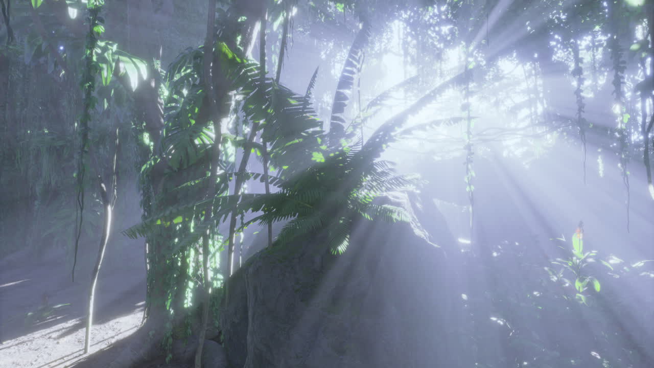 Sunlight streaming through lush jungle foliage creates a mystical atmosphere
