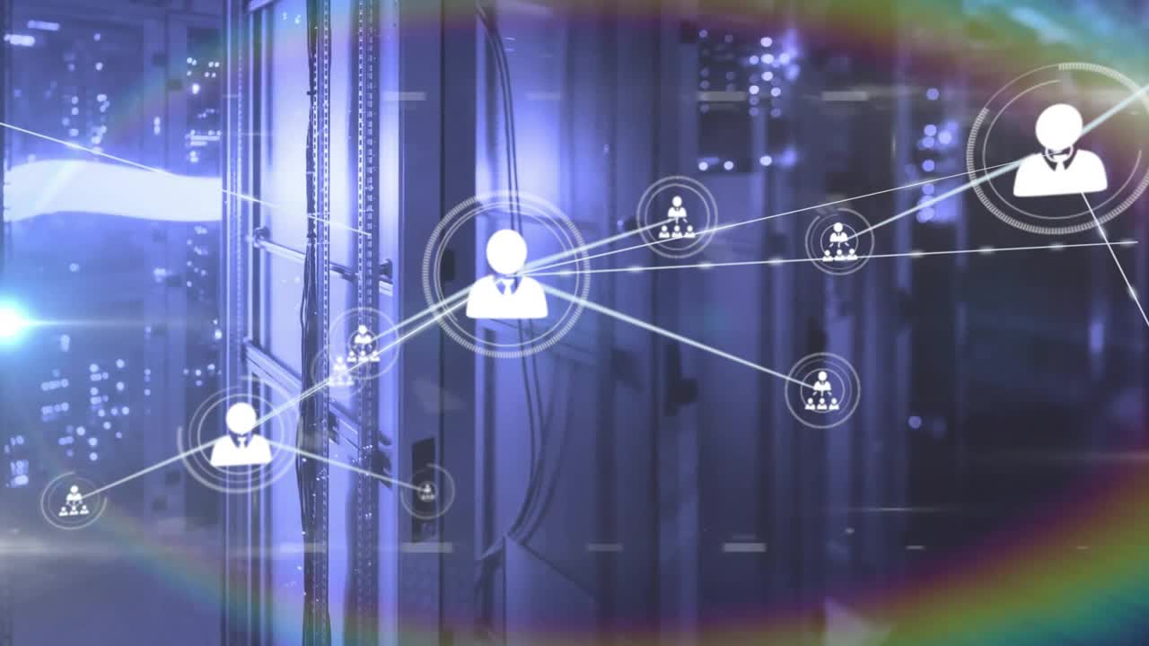 Animation of network of connections with icons and data processing over computer servers