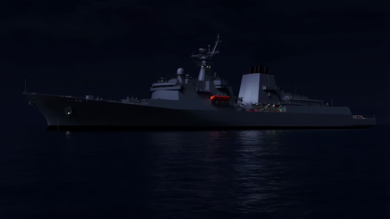 Powerful Military Ship Floating on Dark Ocean at Night