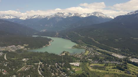 Drone-footage-of-the-Green-Lake-at-Whistler-in-BC,-Canada