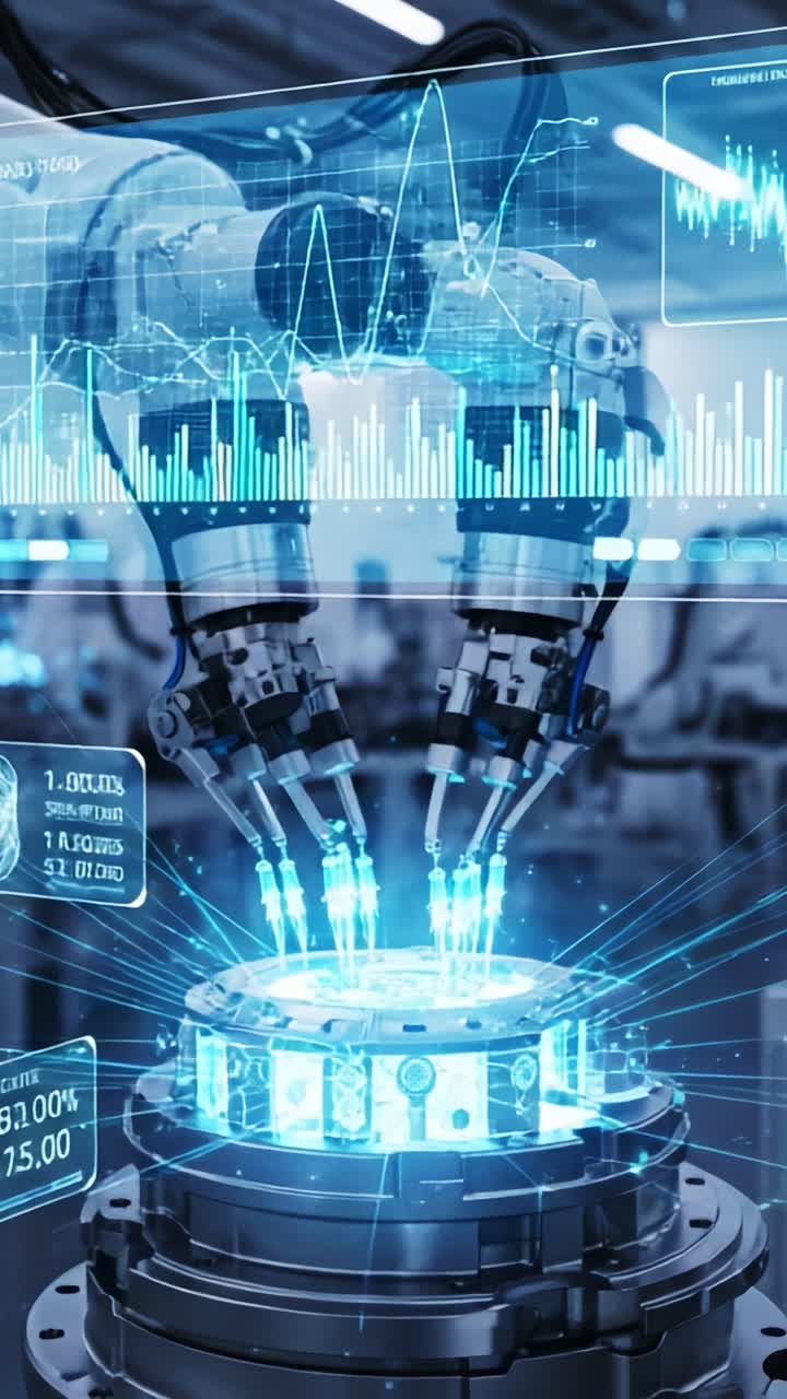 Advanced Robotic Arm Technology Showcasing Precision Control and Data Analytics in a Futuristic Manufacturing Environment with Dynamic Visual Feedback
