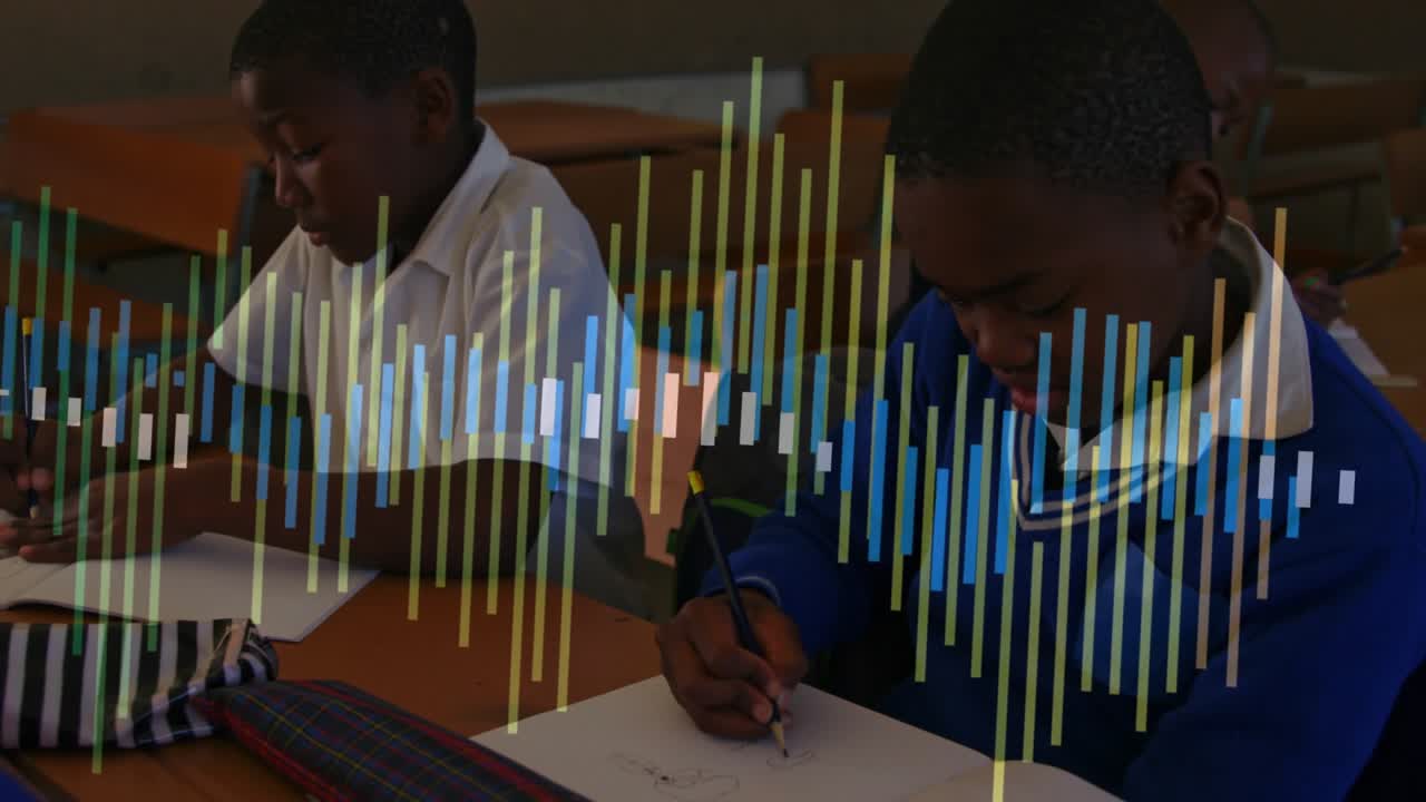 Pupils sorting papers and writing with pencil for classwork, audio bars appearing, obscuring desk