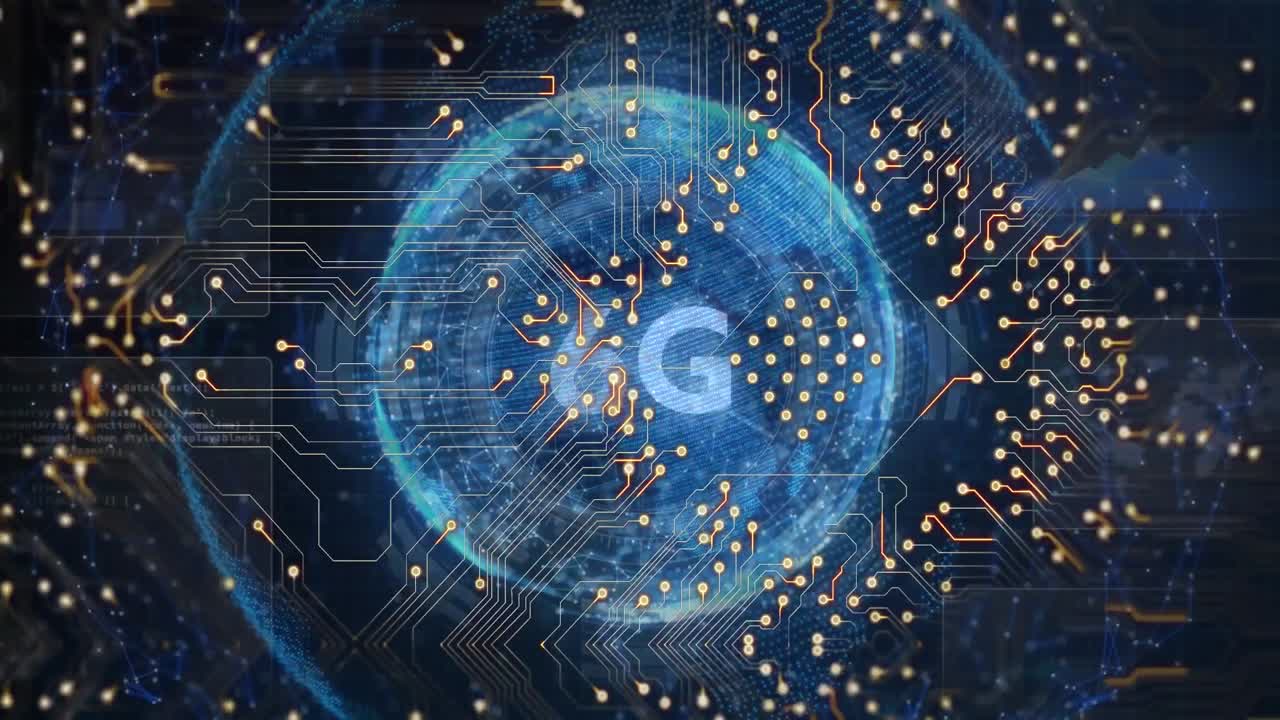 Animation of 6g text over computer circuit board