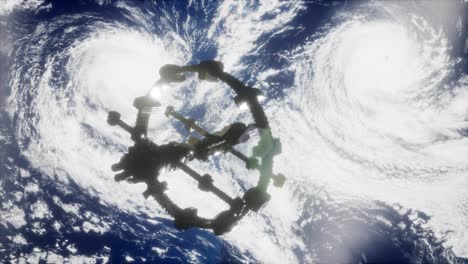 una vista de la tierra y una nave espacial. iss está orbitando la tierra