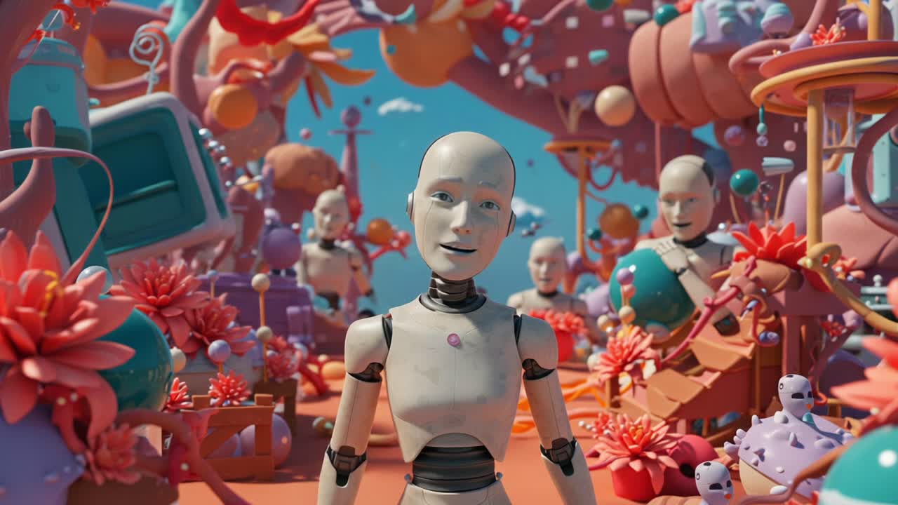 An expressive humanoid robot ponders in a vibrant, surreal landscape filled with whimsical flora and futuristic design elements, showcasing artificial intelligence in a colorful environment