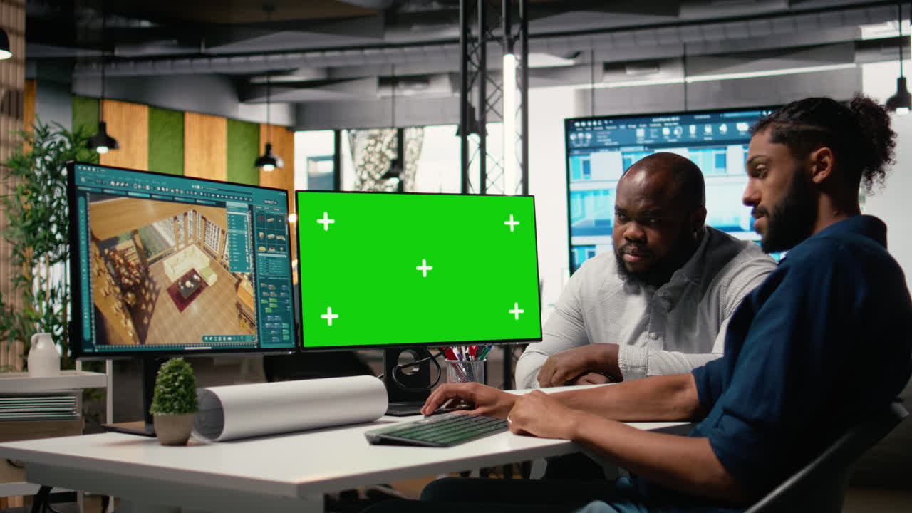 Real estate colleagues evaluates blueprints next to chroma key screen