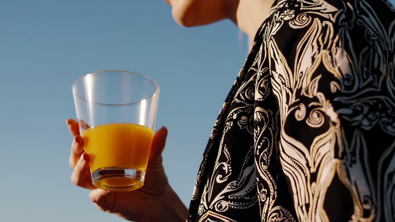 People toasting with orange juice glasses under a blue sky