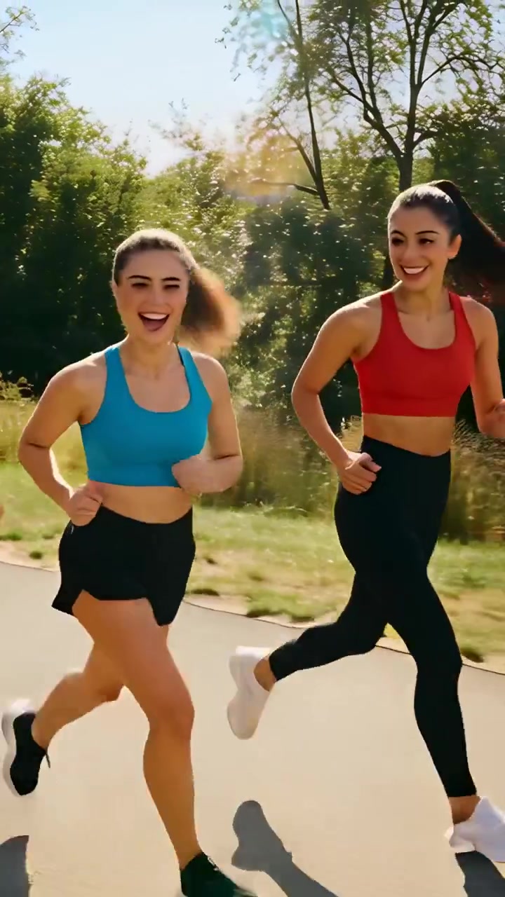 Video verticale: Luce solare che ispira due donne che fanno jogging lungo un sentiero del parco, correndo con magliette rosse e blu