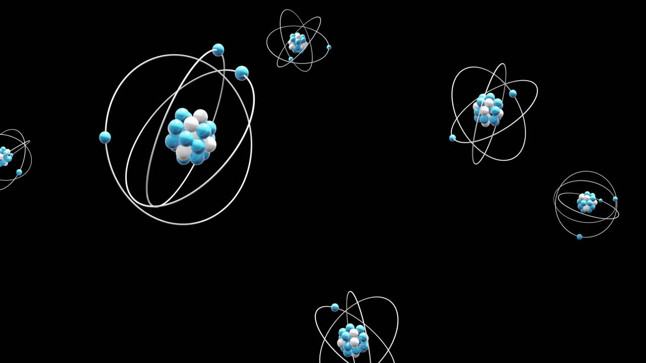 검은 바탕에 회전하는 원자 모델의 애니메이션