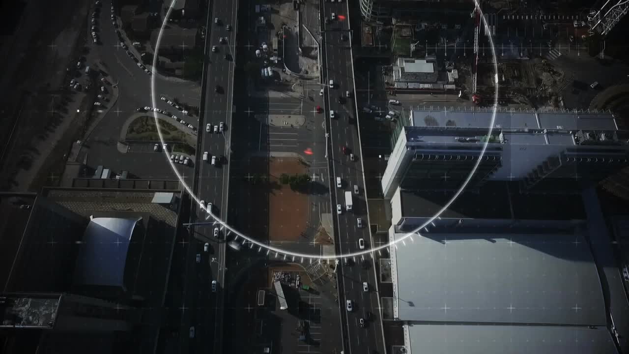 Radar ping starting globe in ring, city icons forming rings pulsing, globe shrinking showing road