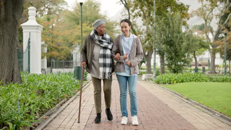 help, cane and nurse with old woman in park