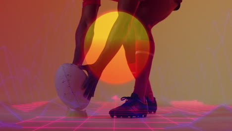 rugby player holding ball with sunset and glitch effect animation overlay