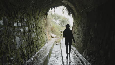 person walking through a moss-covered stone tunnel