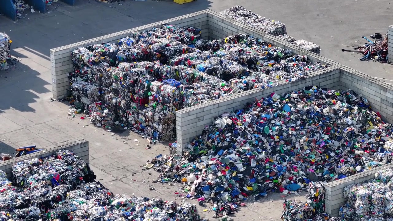 Plastic waste is sorted and processed at a facility. Large piles of plastic waste are visible. Recycling equipment operates nearby to manage materials. Trucks transport waste to the site.