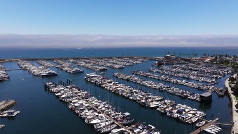 aerial view of a bustling marina filled with boats and yachts on a sunny day