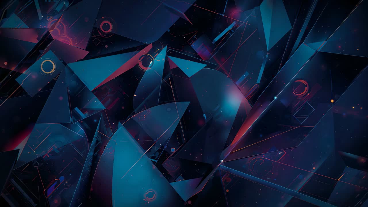 In riproduzione, gruppo di frammenti di vetro cangiante che fluttua su uno sfondo digitale, rivelando glifi al neon per l'atmosfera.