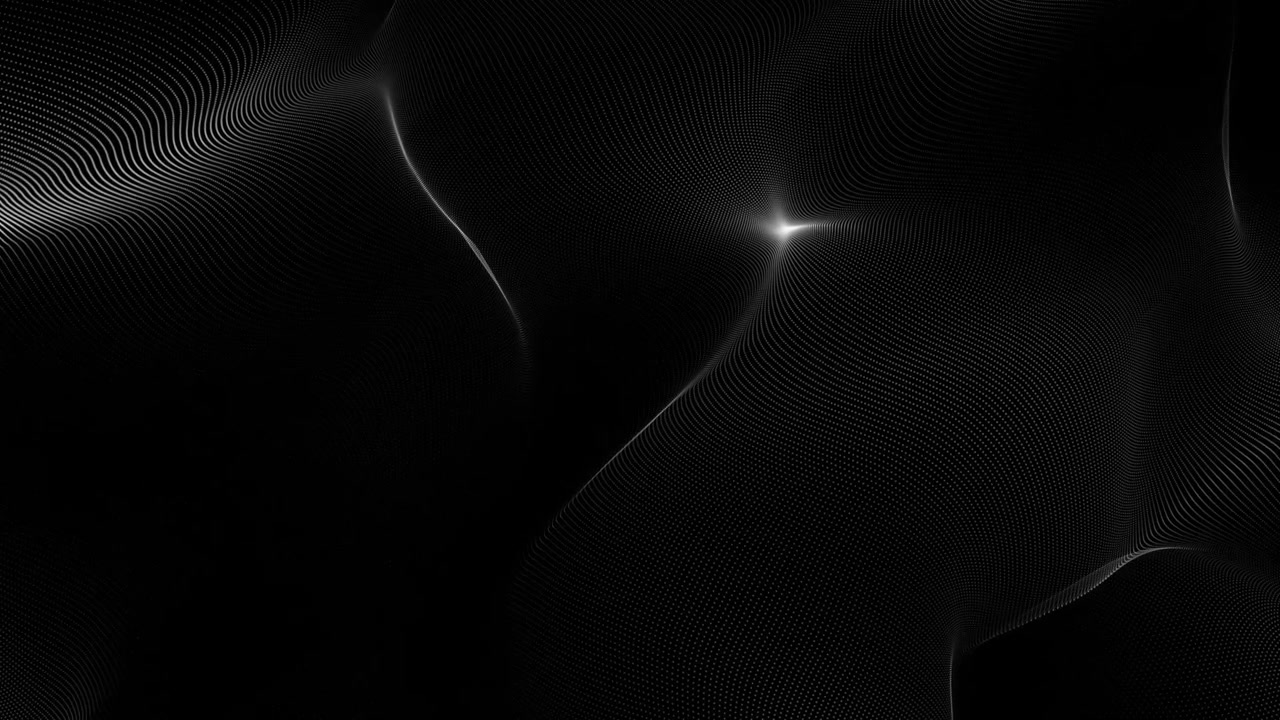 Minimalist white particle waveform undulates slowly on a black background. A seamless loop for technology, science, data visualization, or abstract projects