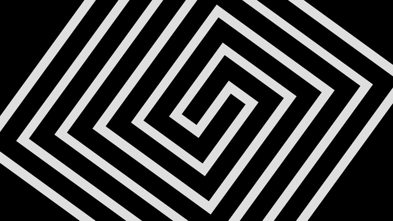 dibujo gráfico en blanco y negro con efecto estroboscópico e hipnótico, mientras gira en el sentido de las agujas del reloj y aumenta de tamaño.