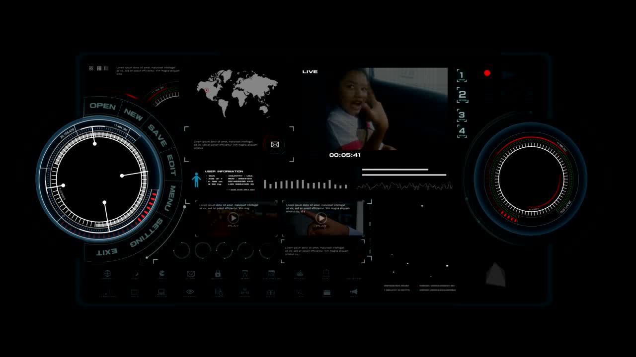 4K Animation of HUD head up display interface on with icon graph loading bar element for futuristic cyber technology concept