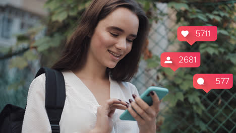 young woman engages with social media on smartphone showing increasing notifications