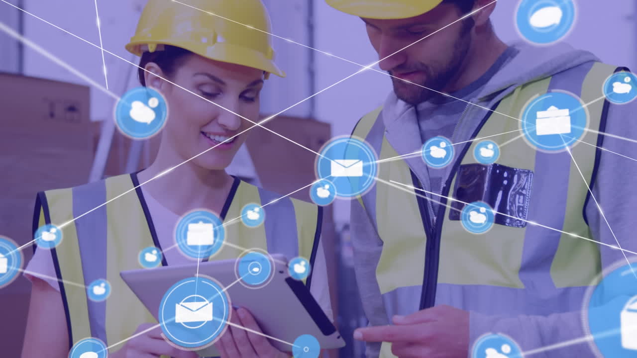 animación de la red de conexiones entre diversas personas que trabajan en el almacén