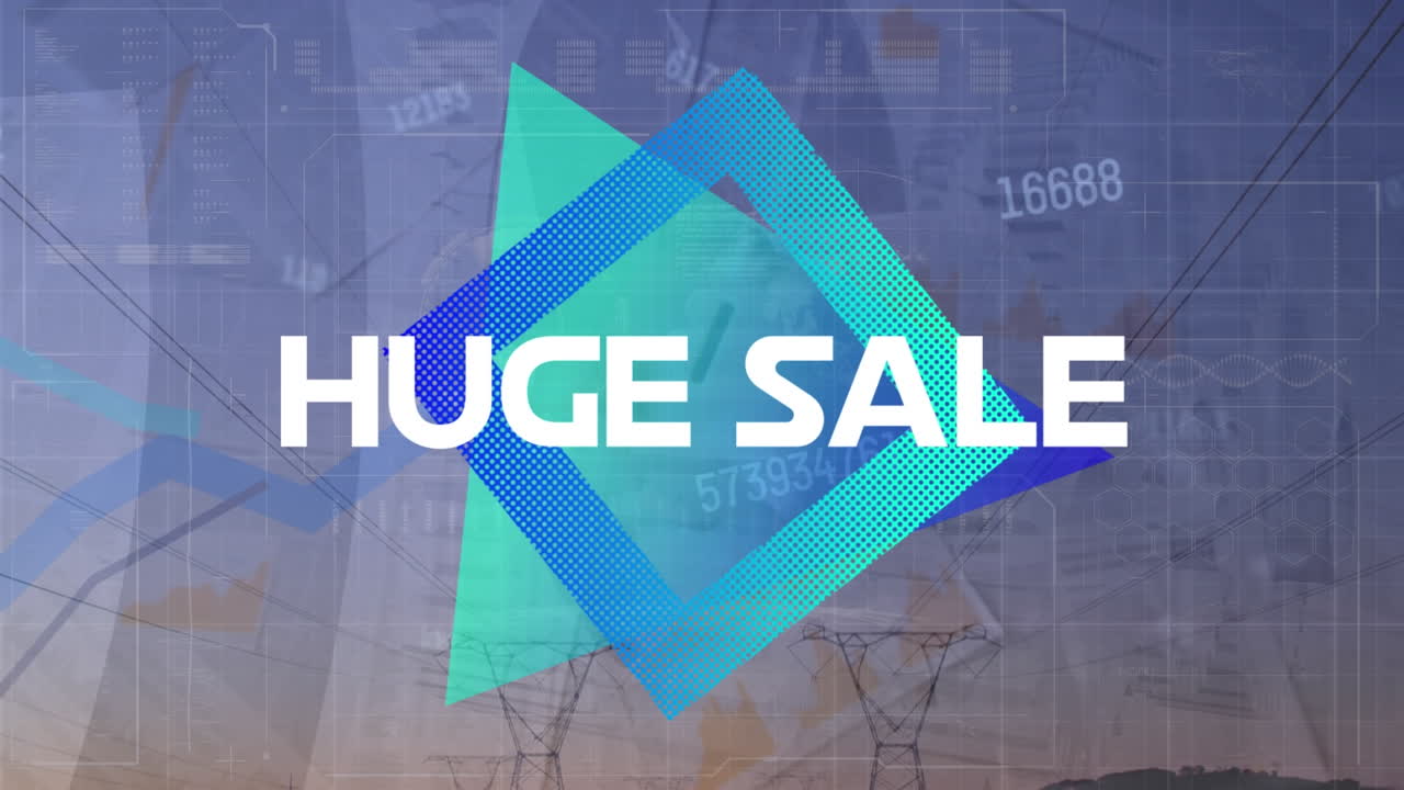 해가 지는 삼각형, 사각형 및 전기 기둥 위에 거대한 판매의 애니메이션