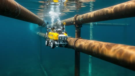 Exploring Underwater Infrastructure: An Innovative Submersible Robot Navigating Through Rusty Pipes in a Crystal-Clear Ocean Environment