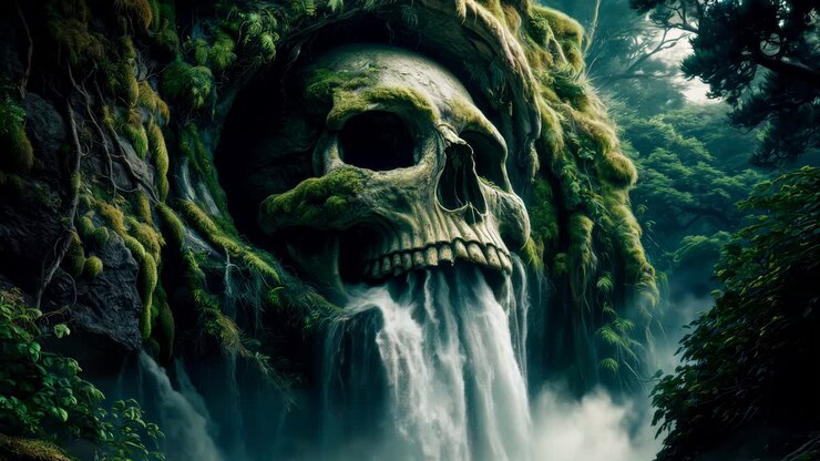 scopri la misteriosa cascata del teschio nascosta in profondità all'interno di un ecosistema di giungla lussureggiante e vibrante